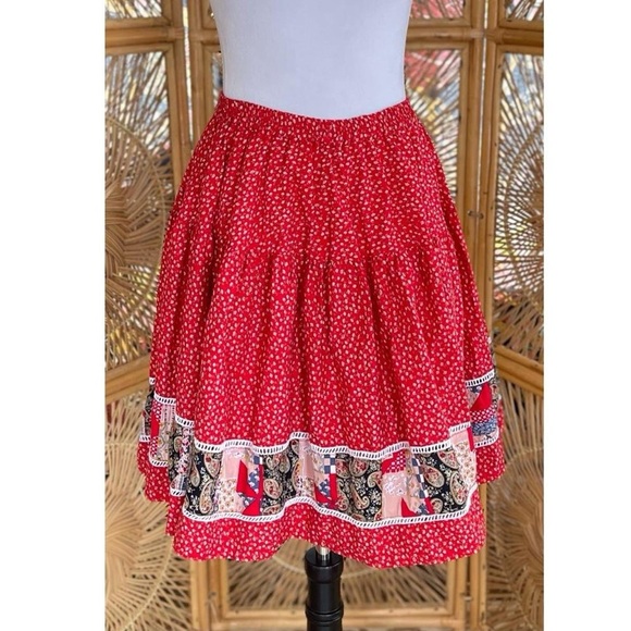 Vintage Red Floral Print Patchwork Western Prairie Square Dance Skirt - Picture 8 of 8